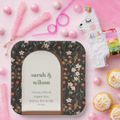 ダーク錆オレンジグルーヴィレトロアーチフローラ結婚ズ ペーパープレート (パーティー)