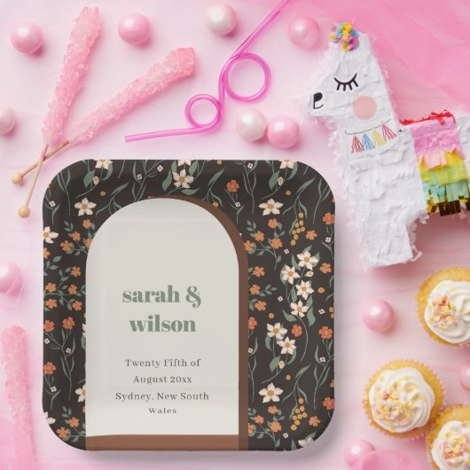 ダーク錆オレンジグルーヴィレトロアーチフローラ結婚ズ ペーパープレート (パーティー)