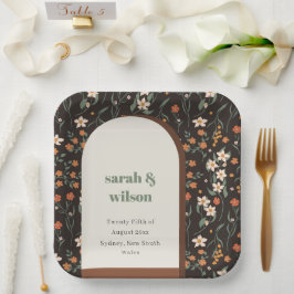 ダーク錆オレンジグルーヴィレトロアーチフローラ結婚ズ ペーパープレート