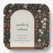 ダーク錆オレンジグルーヴィレトロアーチフローラ結婚ズ ペーパープレート (正面)