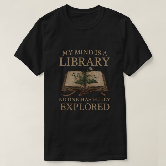 ダーク・アカデミア 文学 Tシャツ | 我が心は図書館 (デザイン正面)