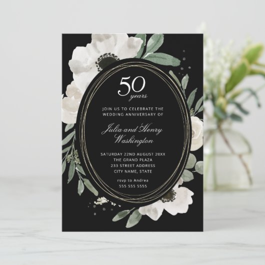 ダーク ウォーターカラー フローラル ゴールド フレーム 50周年記念 招待状 (スタンド正面)