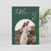 ダーク・ウッドランド・グリーン写真付き結婚式テーブルナンバー 招待状 (スタンド正面)