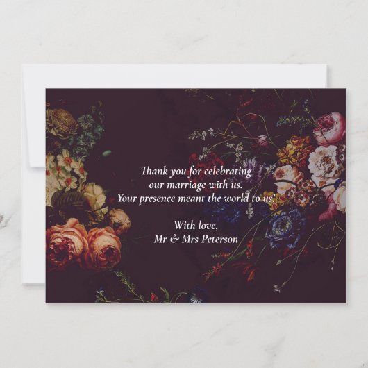ダーク エレガント バーガンディー ムーディー フラワーリー サンキューカード (裏面)
