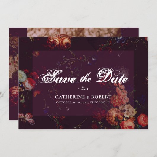 ダーク エレガント バーガンディ ムーディーフラワー セーブザデート (正面/裏面)