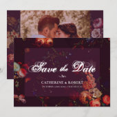 ダーク エレガント バーガンディ ムーディー フラワル セーブザデート (正面/裏面)
