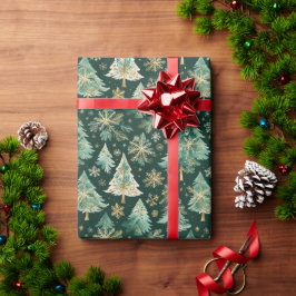 ダーク クリスマスツリーと雪の結晶 ギフト包装紙 ラッピングペーパー