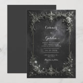 ダーク ゴシック ブラック & シルバー メタリック フローラル ウェディング 招待状 (正面/裏面)