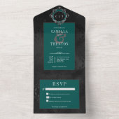 ダーク ゴシック ブラック & ティール フローラル サテン いいえ ディナー オールインワン招待状 (内側)