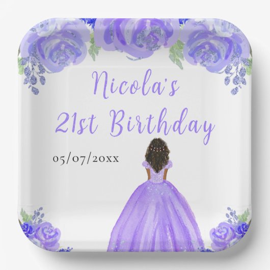 ダーク スキン プリンセス 紫の花 誕生日パーティー ペーパープレート (正面)