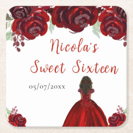 ダーク スキン プリンセス 赤 フラワー Sweet Sixteen スクエアペーパーコースター