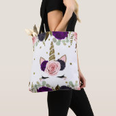 ダーク フローラル グラム ゴールド グリッター ユニコーン トレンディー キュート トートバッグ (クローズアップ)