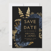 ダーク フローラル ネイビーブルー ゴールド 結婚式 Save the Date 招待状 (正面)