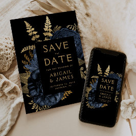 ダーク フローラル ネイビーブルー ゴールド 結婚式 Save the Date 招待状