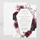 ダーク フローラル バーガンディ & ブラック ハロウィン ウェディング 招待状 (正面/裏面)