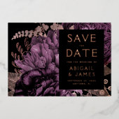 ダーク フローラル パープル ローズゴールド ウェディング セーブ・ザ・デート 箔招待状 (正面)