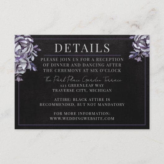 ダーク フローラル ブラック ゴシック パープル ハロウィン ウェディング エンクロージャーカード (正面)