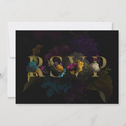 ダーク フローラル ムーディー モノグラム ウェディング RSVP カード (正面)