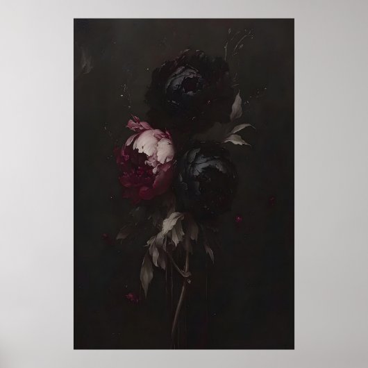 ダーク フローラル 植物画 モーディー ピオニー アート ポスター (正面)