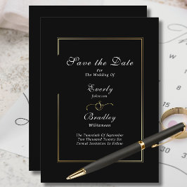 ダーク ブラック ホワイト スクリプト ゴールド ボーダー セーブ ザ デート 招待状