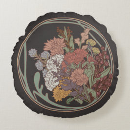 ダーク&ムーディアールヌーボーフローラブーケ ラウンドクッション