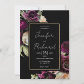ダーク&ムーディパープル開花開花ブラック結婚ズ 招待状 (正面)