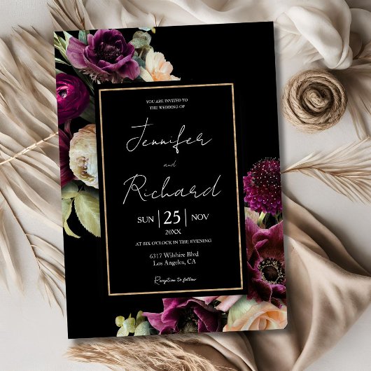 ダーク&ムーディパープル開花開花ブラック結婚ズ 招待状