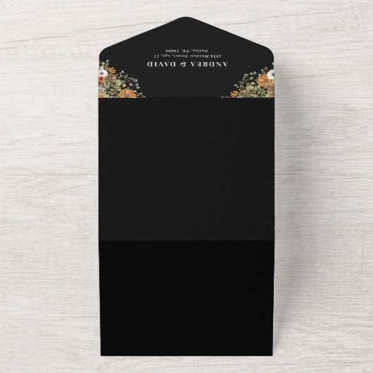 ダーク&ムーディーフローラルロマンティックボホフローラルウェディング オールインワン招待状 (外側)
