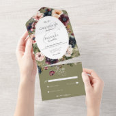 ダーク ムーディー グリーン オーバル フラワーフレーム 夕食はなし オールインワン招待状 (貼ってはがせる)