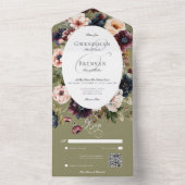 ダーク ムーディー グリーン オーバル フラワーフレーム QR コード オールインワン招待状 (内側)