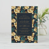 ダーク ムーディー フローラル ティール ゴールド アイボリー ブラック ウェディング 招待状 (スタンド正面)