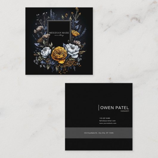 ダーク ムーディー フローラル ヴィンテージ ボタニカル スクエア名刺 (正面/裏面)