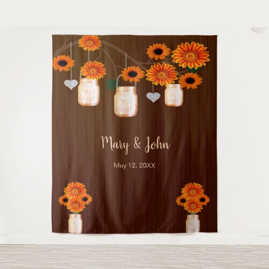 ダーク ラスティック オレンジ フローラル メイソンジャー フォト バックドロップ タペストリー (正面)
