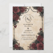 ダーク ヴィンテージ ローズとパールレース 招待状 (正面)