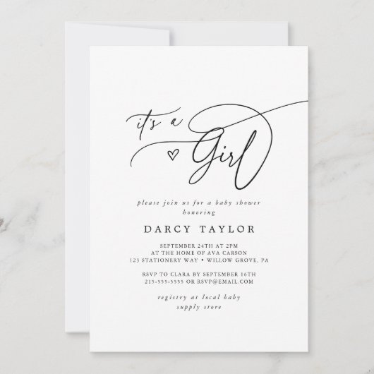 ダーシークラシック白黒女の子ベビーシャワー 招待状 (正面)