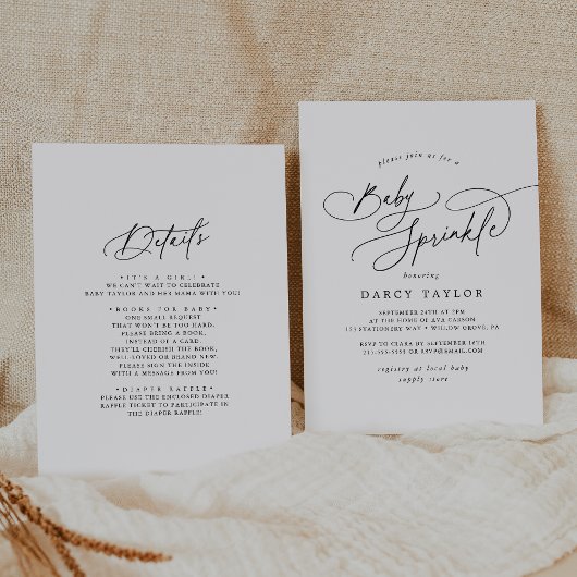 ダーシーミニマルユニークリスト白黒ベビー散布 招待状