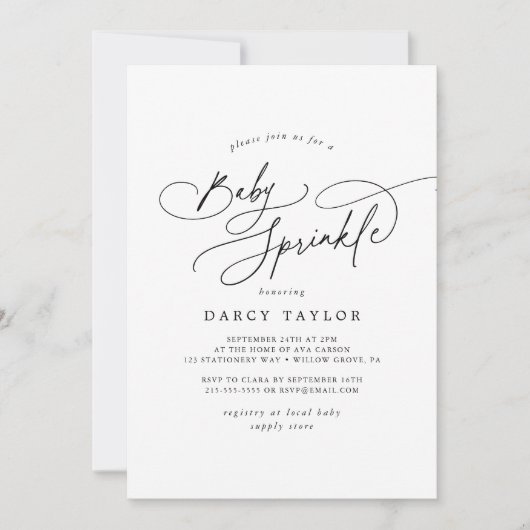 ダーシーミニマルユニークリスト白黒ベビー散布 招待状 (正面)