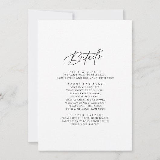 ダーシーミニマルユニークリスト白黒ベビー散布 招待状 (裏面)