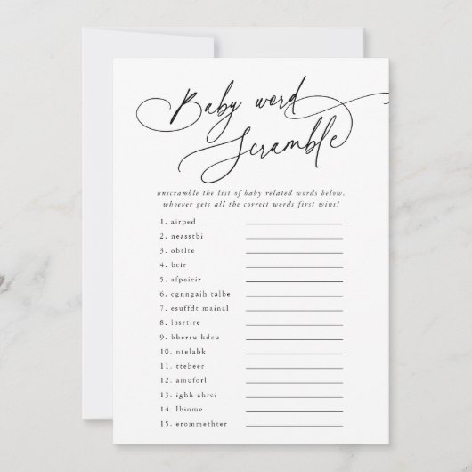 ダーシーモダン赤ちゃんシャワーワードスクランブルゲームカード 招待状 (正面)
