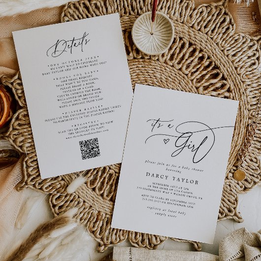 ダーシー クラシック ブラック ホワイト 女の子 ベビーシャワー 招待状