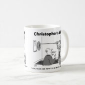 ダーツで不正行為する男は自分の名前でパーソナライズ。 コーヒーマグカップ (正面右)
