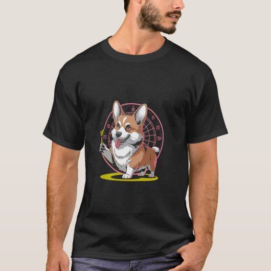 ダーツで遊ぶコーギー ゲーム スポーツ プレイヤー Tシャツ (正面)