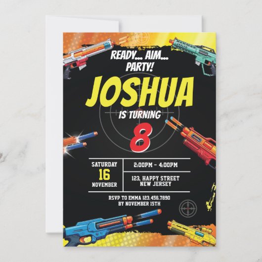 ダーツウォーゲーム誕生日招待状。ガンゲーム招待状 招待状 (正面)