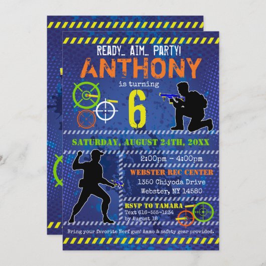 ダーツウォーズパーティーブラスターガン誕生日 招待状 (正面/裏面)