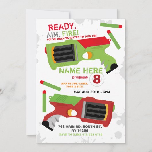 ダーツガンおもしろいエイムシュートパーティー誕生日 招待状 (正面)