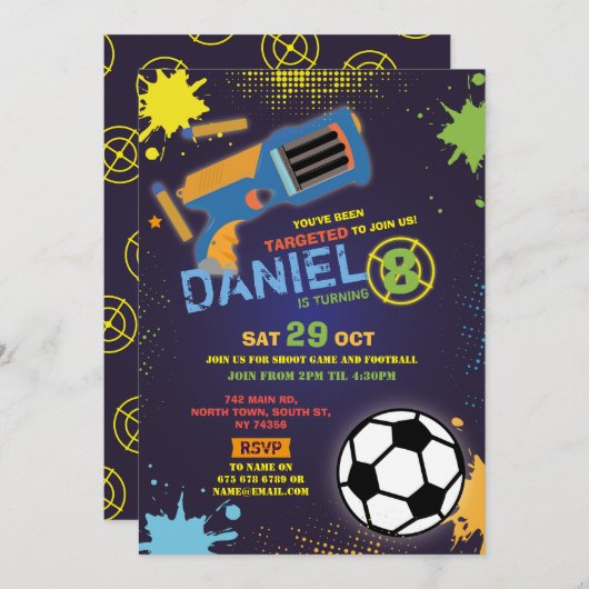 ダーツガンおもしろいエイムシュートフットボール誕生日 招待状 (正面/裏面)