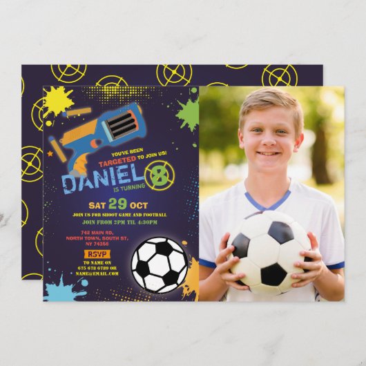 ダーツガンおもしろいエイムシュート誕生日写真 招待状 (正面/裏面)