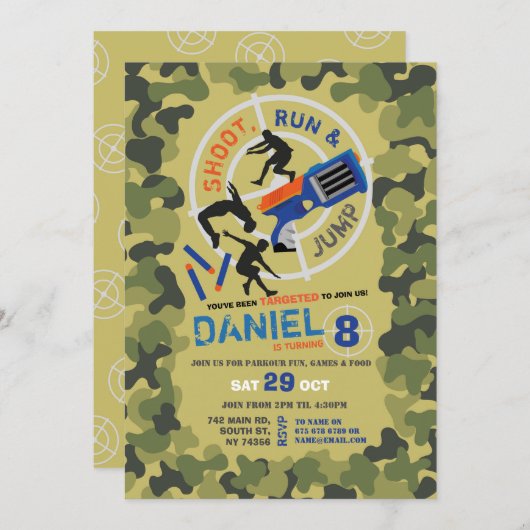 ダーツガンおもしろいエイムシュート迷彩柄誕生日パークール 招待状 (正面/裏面)