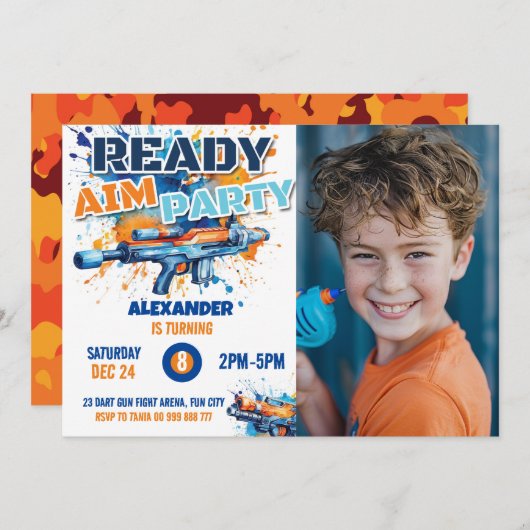 ダーツガンパーティー誕生日フォトブルーオレンジ迷彩柄 招待状 (正面/裏面)