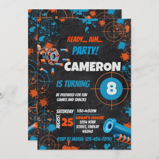 ダーツパーティー誕生日招待状 | Dart Gun 招待状 (正面/裏面)